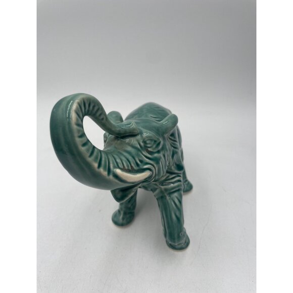 Vintage Glossy Celedon Green Ceramic Elephant Figurine With Trunk Up Good Luck - Picture 2 of 8